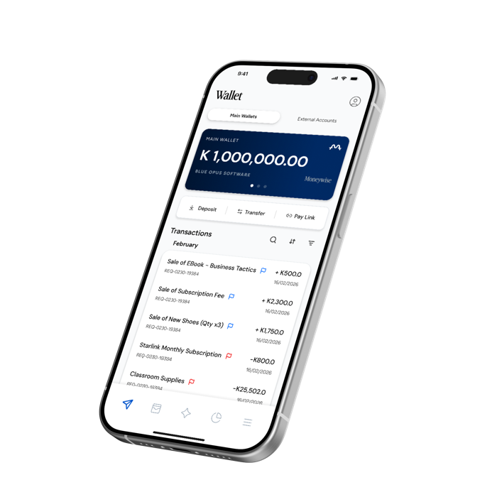 Moneywise wallet screen showing running total of the day's sales